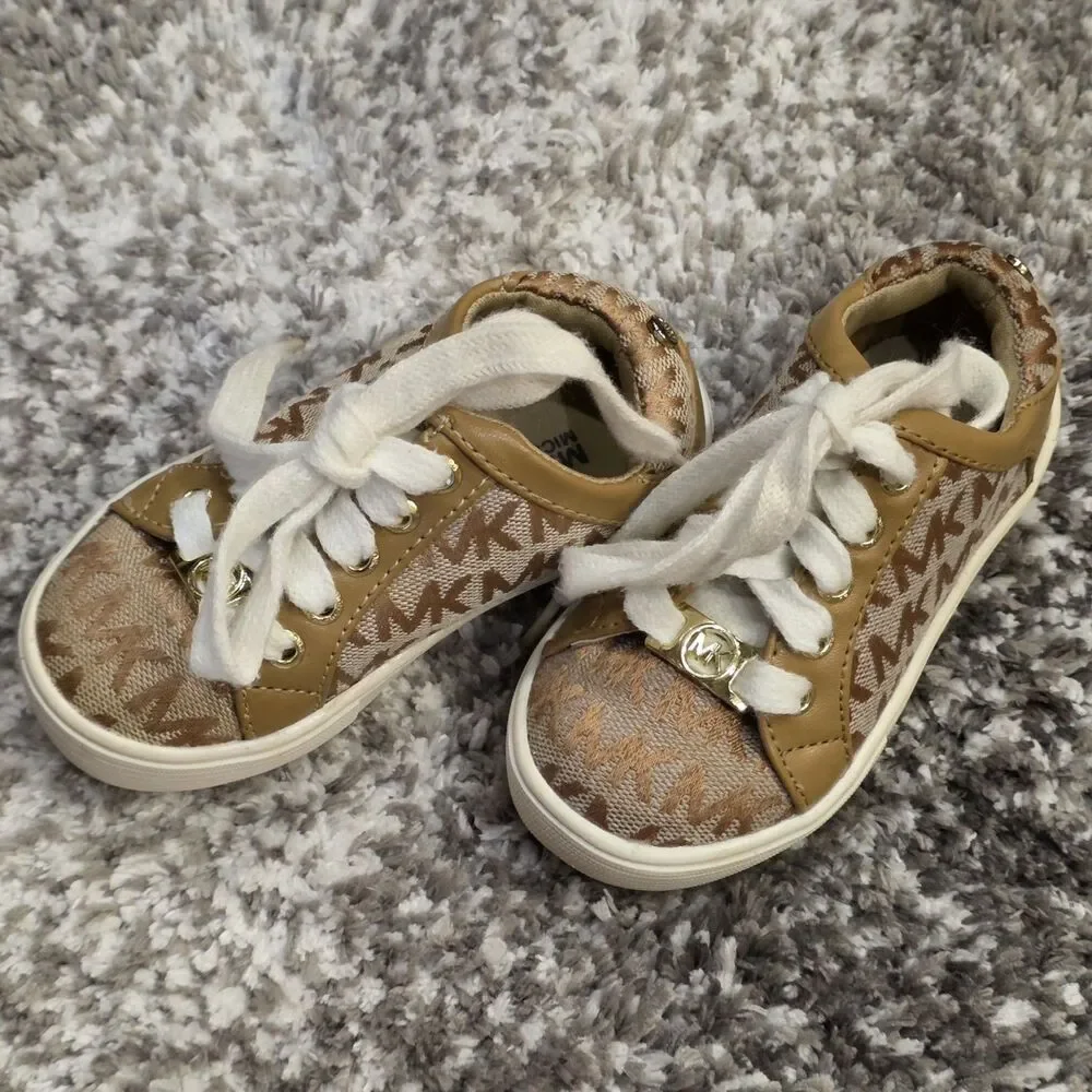 Michael Kors Girls Tan Monogram Logo Sneakers - Size 6